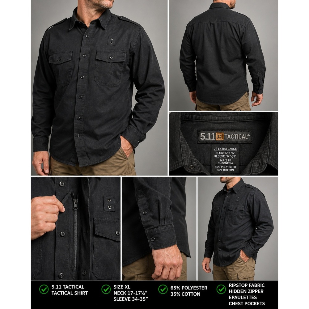 5.11 Tactical Mens Black Ripstop Long Sleeve Duty Shirt XL Hidden Zipper Pocket